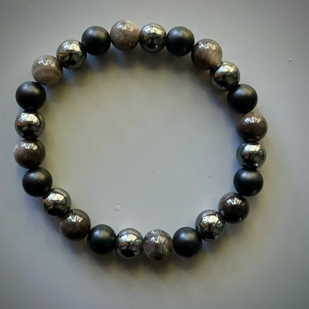 Matte Onyx, Silver Obsidian and Black Hematite Handcrafted Bead Bracelet
